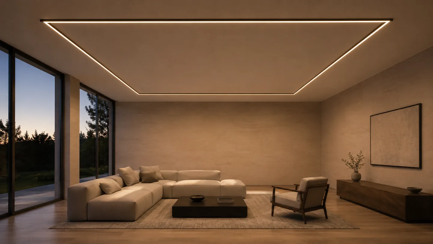 GlowFrame LED architectural linear lighting integrated in walls and ceilings of a living space — Athens