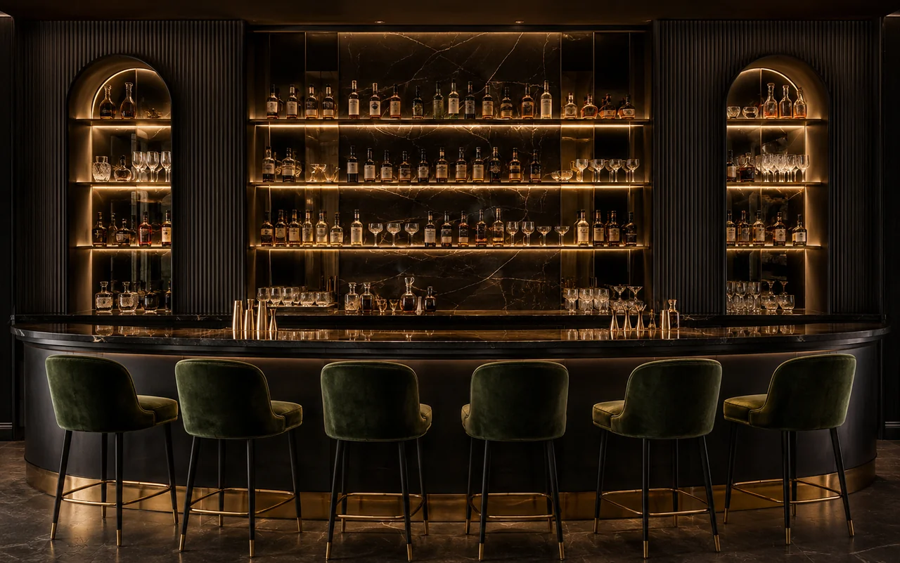 GlowFrame LED concealed lighting on bar and restaurant back-shelving — Athens