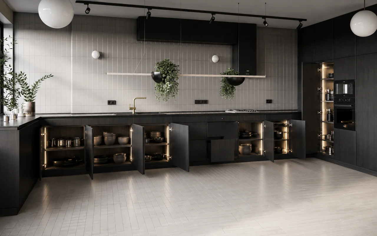 GlowFrame LED concealed lighting in modern kitchen cabinets and shelving — Athens