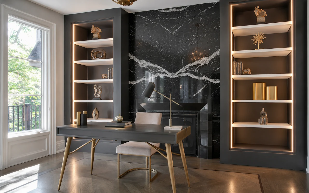 GlowFrame LED concealed lighting in office bookcase and shelving — Athens