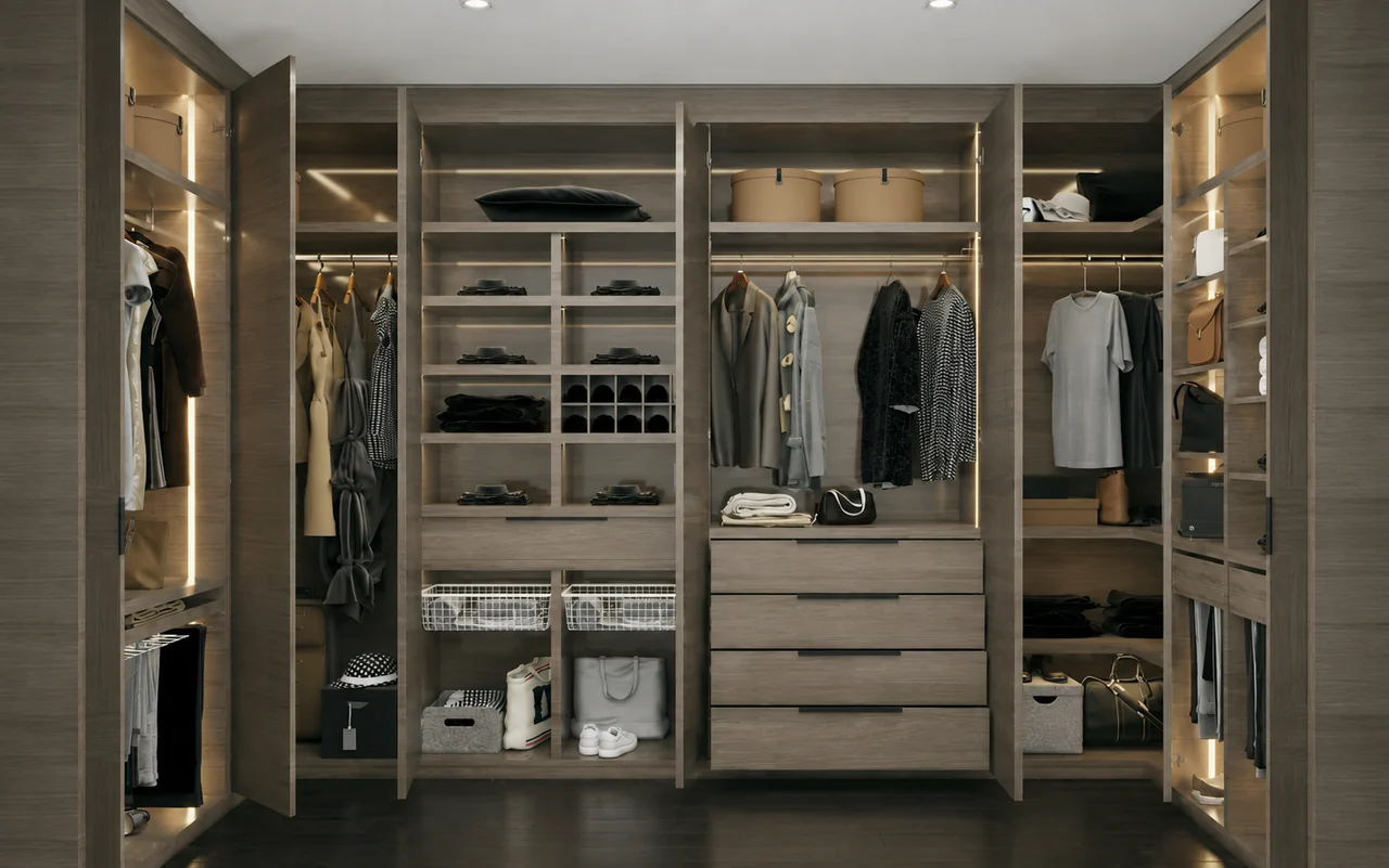 GlowFrame LED concealed lighting in a walk-in wardrobe with wooden shelves — Athens